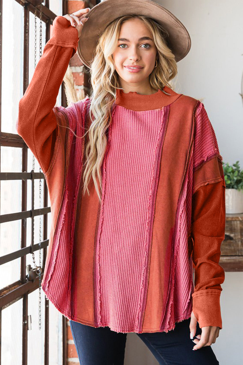 Red Waffle Knit Ripped Exposed Seam	Patchwork Top with Thumbhole-yoyobikini