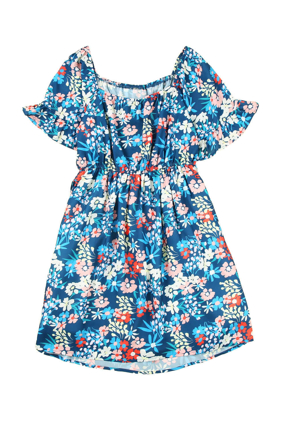 Blue Square Neck Ruffle Floral Dress-yoyobikini