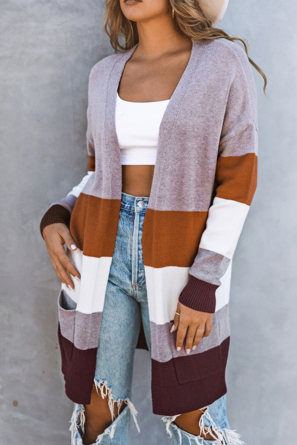 Open Front Colorblock Cardigan with Pockets-yoyobikini