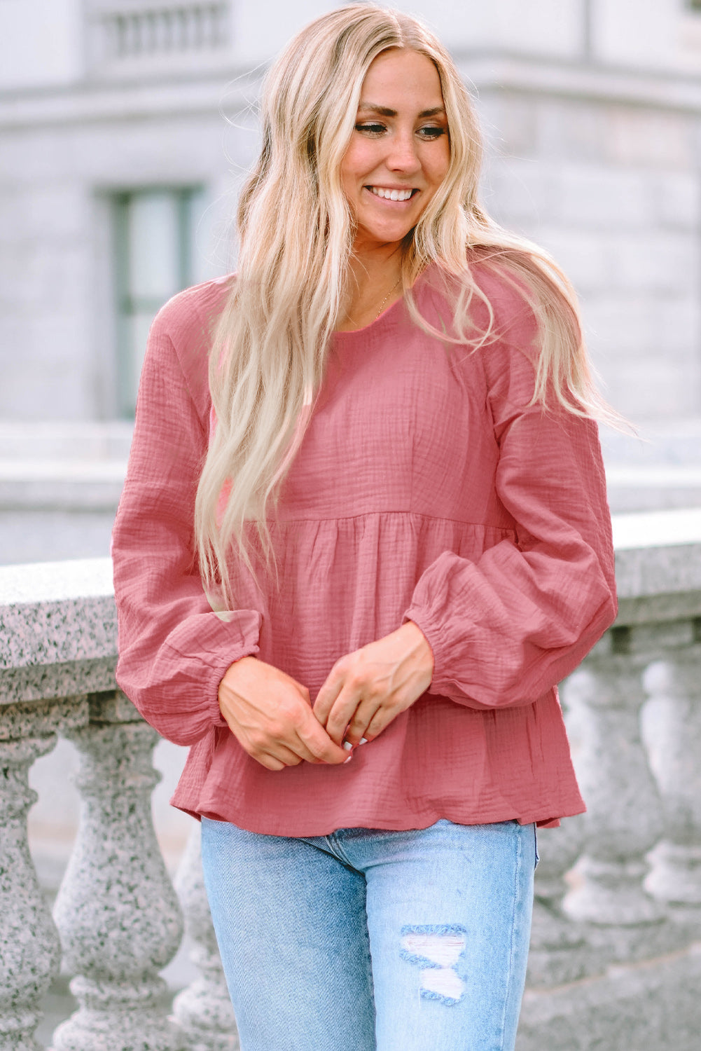 Pink Bubble Sleeve Textured Flowy Blouse-yoyobikini