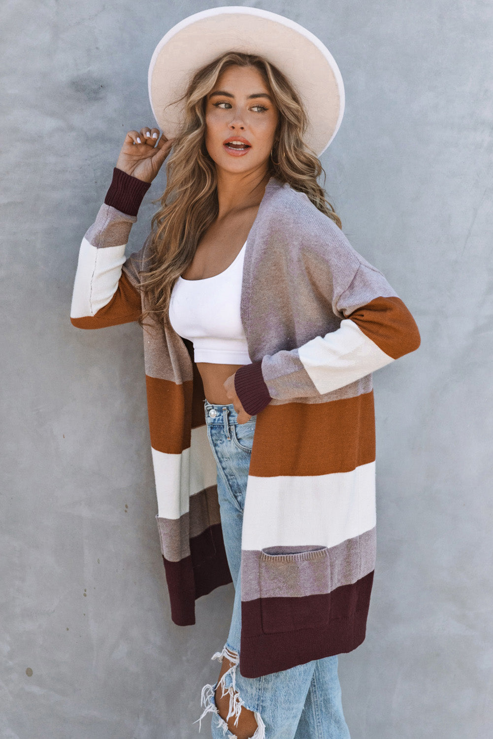 Open Front Colorblock Cardigan with Pockets-yoyobikini