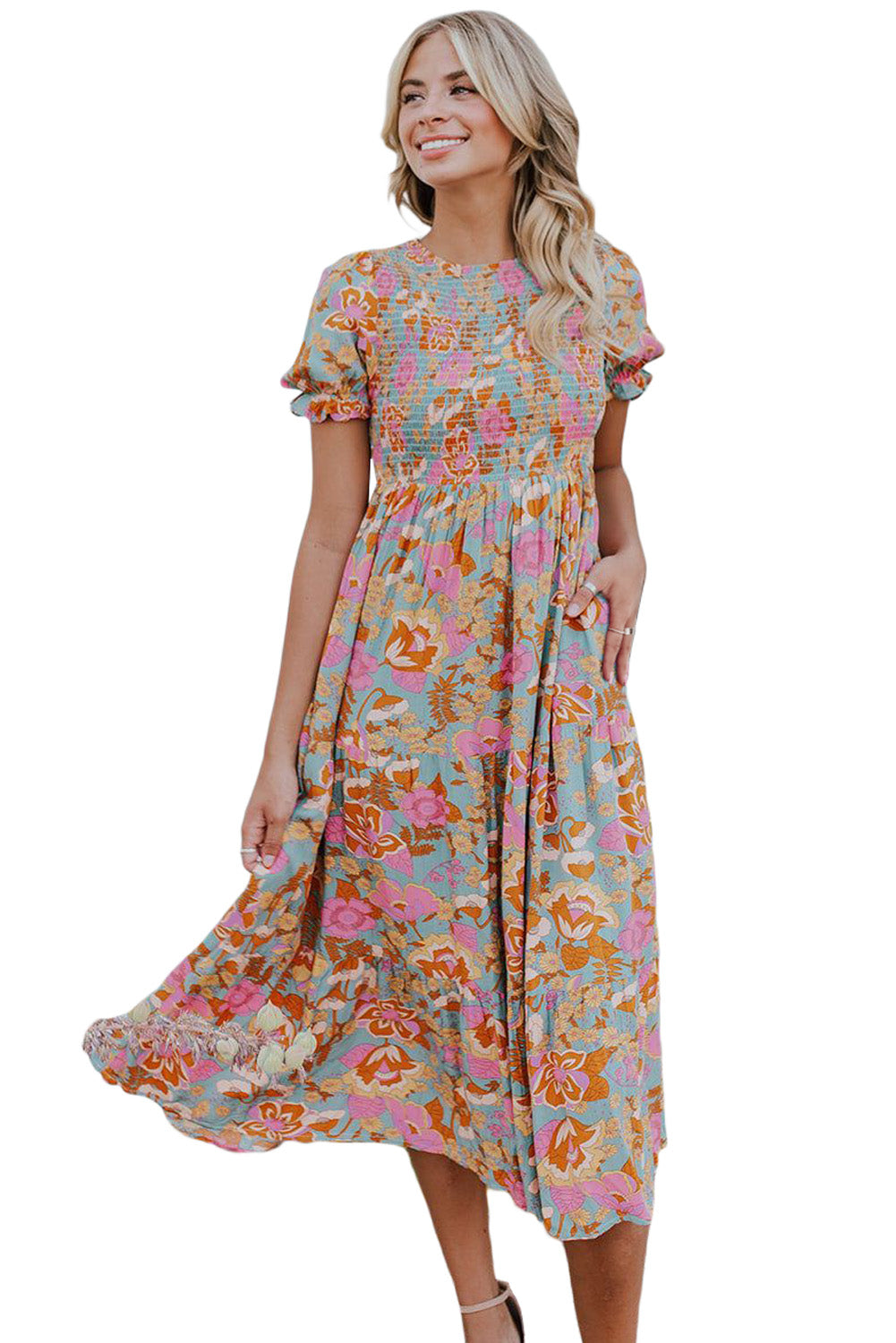 Sky Blue Floral Bubble Sleeve Smocked Flowy Ruffle Dress-yoyobikini