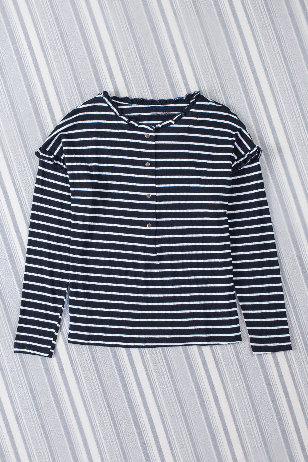 Black Striped Print Ruffled Buttoned Long Sleeve Top-yoyobikini
