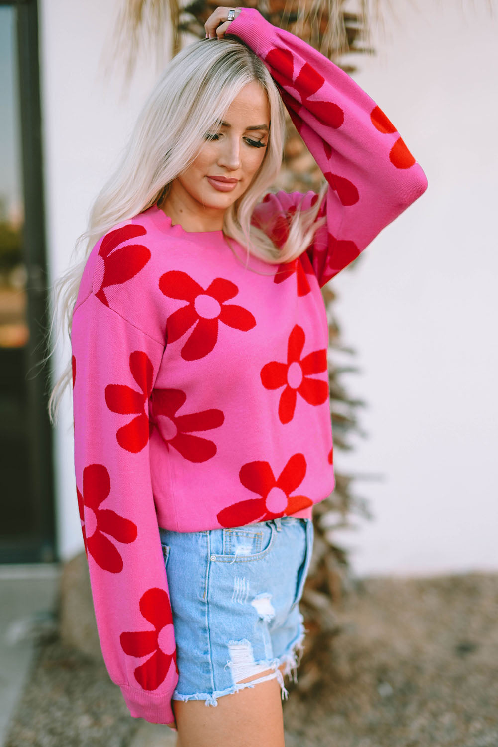 Rose Big Flower Knit Ribbed Trim Sweater-yoyobikini