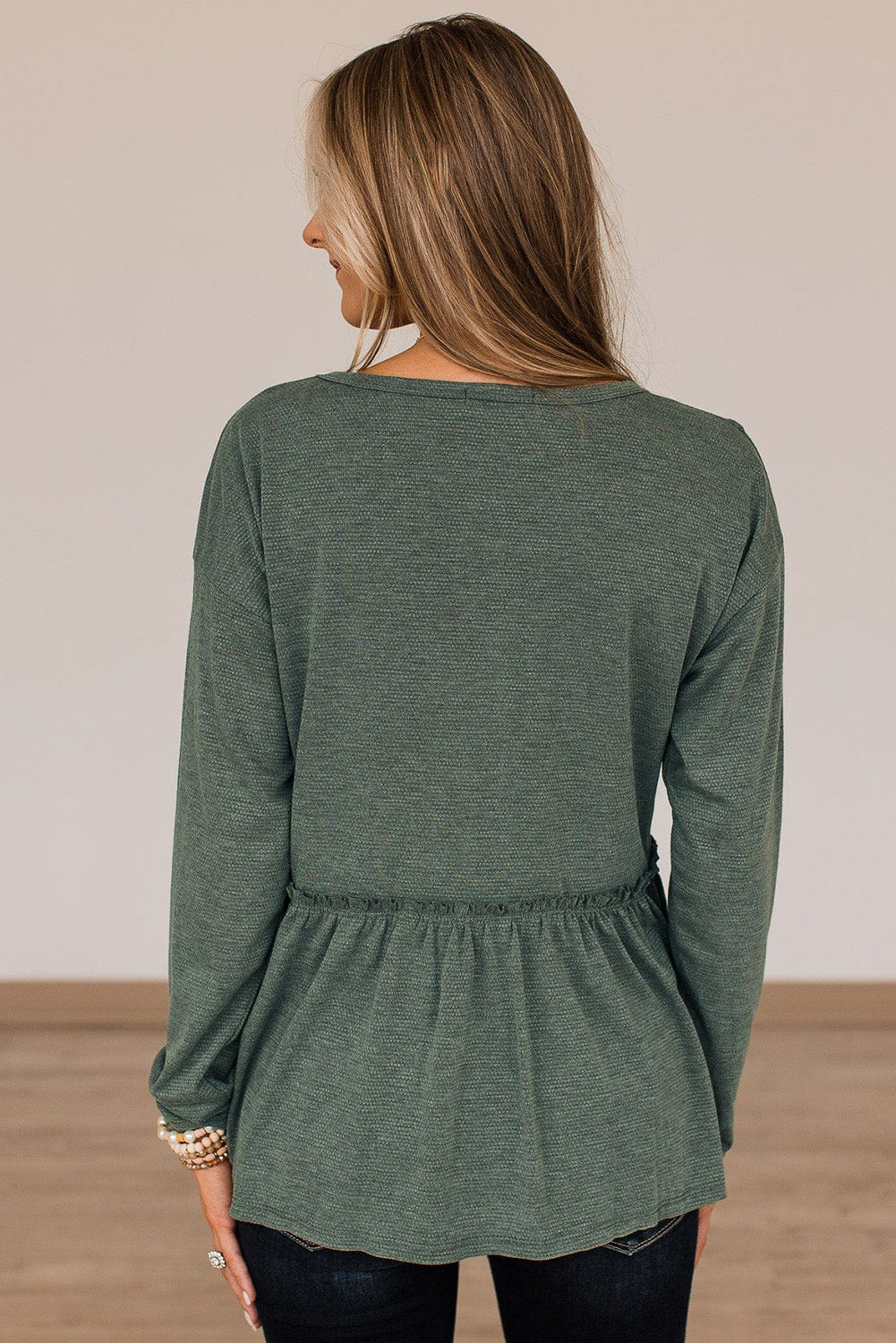 Green Outseam Detail Long Sleeve Peplum Top-yoyobikini