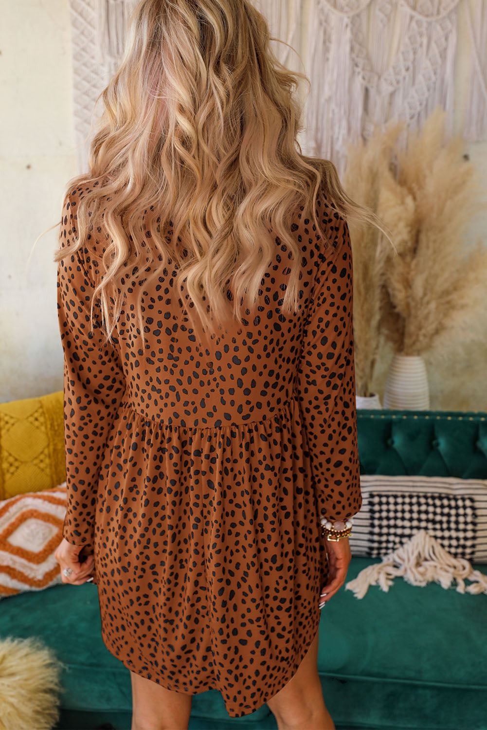 Brown Leopard Long Sleeve Babydoll Dress-yoyobikini