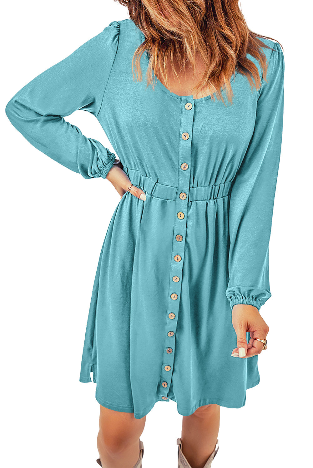 Sky Blue Button Up High Waist Long Sleeve Dress-yoyobikini