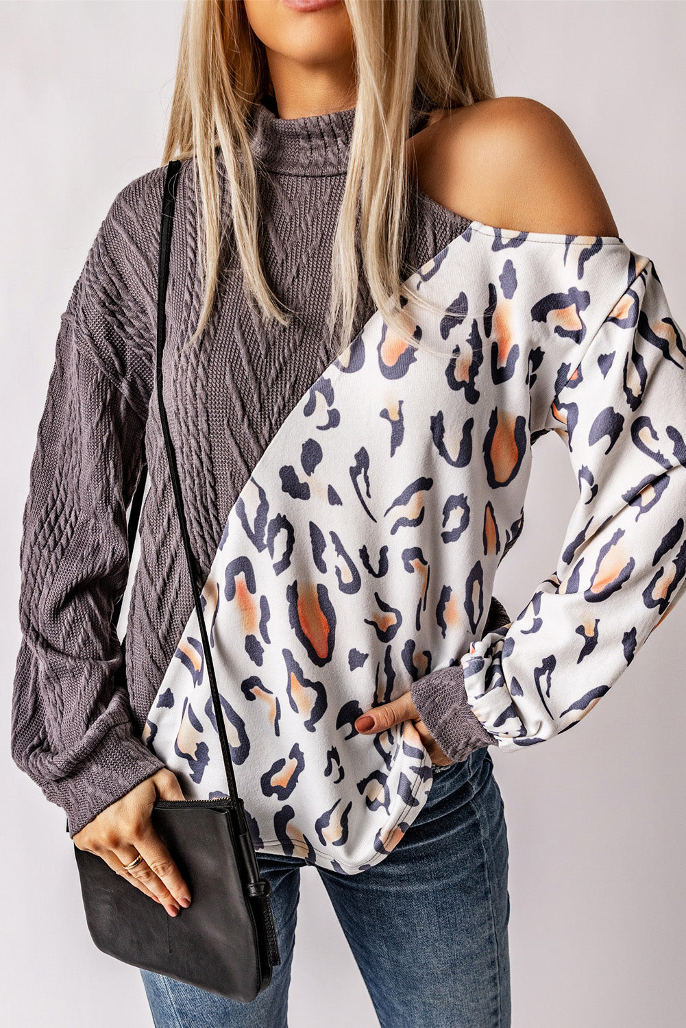 Leopard Color Block Cold Shoulder Turtleneck Top-yoyobikini