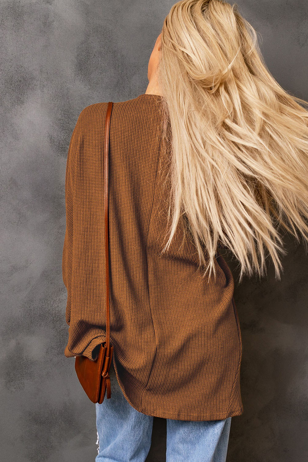 Brown Waffle Knit Open Front Rounded Hem Cardigan-yoyobikini