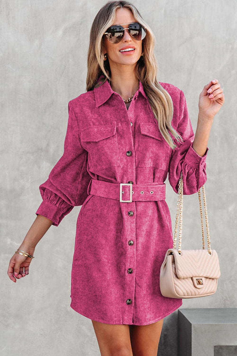 Rose Corduroy Long Sleeve Button up Shirt Dress with Belt