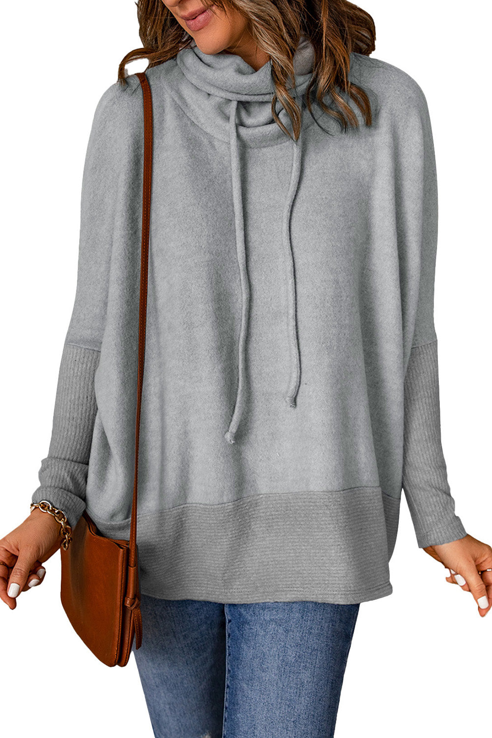 Gray Cowl Neck Contrast Dolman Sleeve Terry Pullover Top-yoyobikini