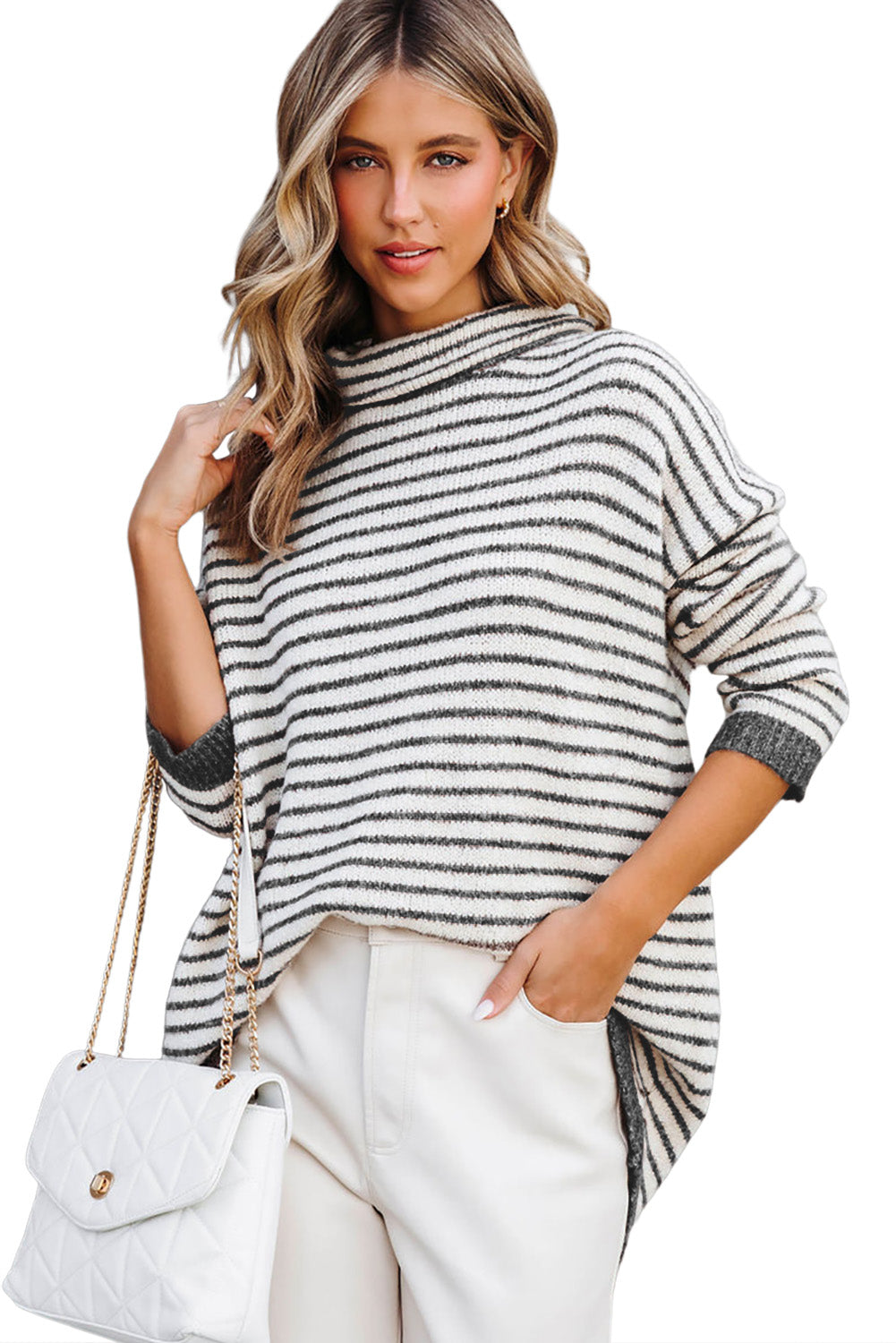 Gray Striped Turtleneck Loose Sweater-yoyobikini