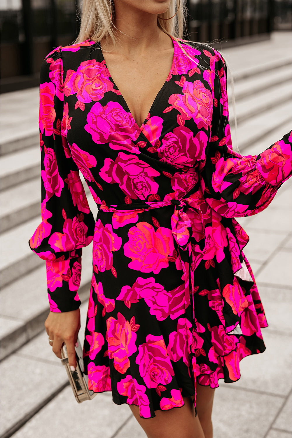 Rose Floral Print V Neck Wrap Bishop Sleeve Ruffle Tiered Mini Dress-yoyobikini