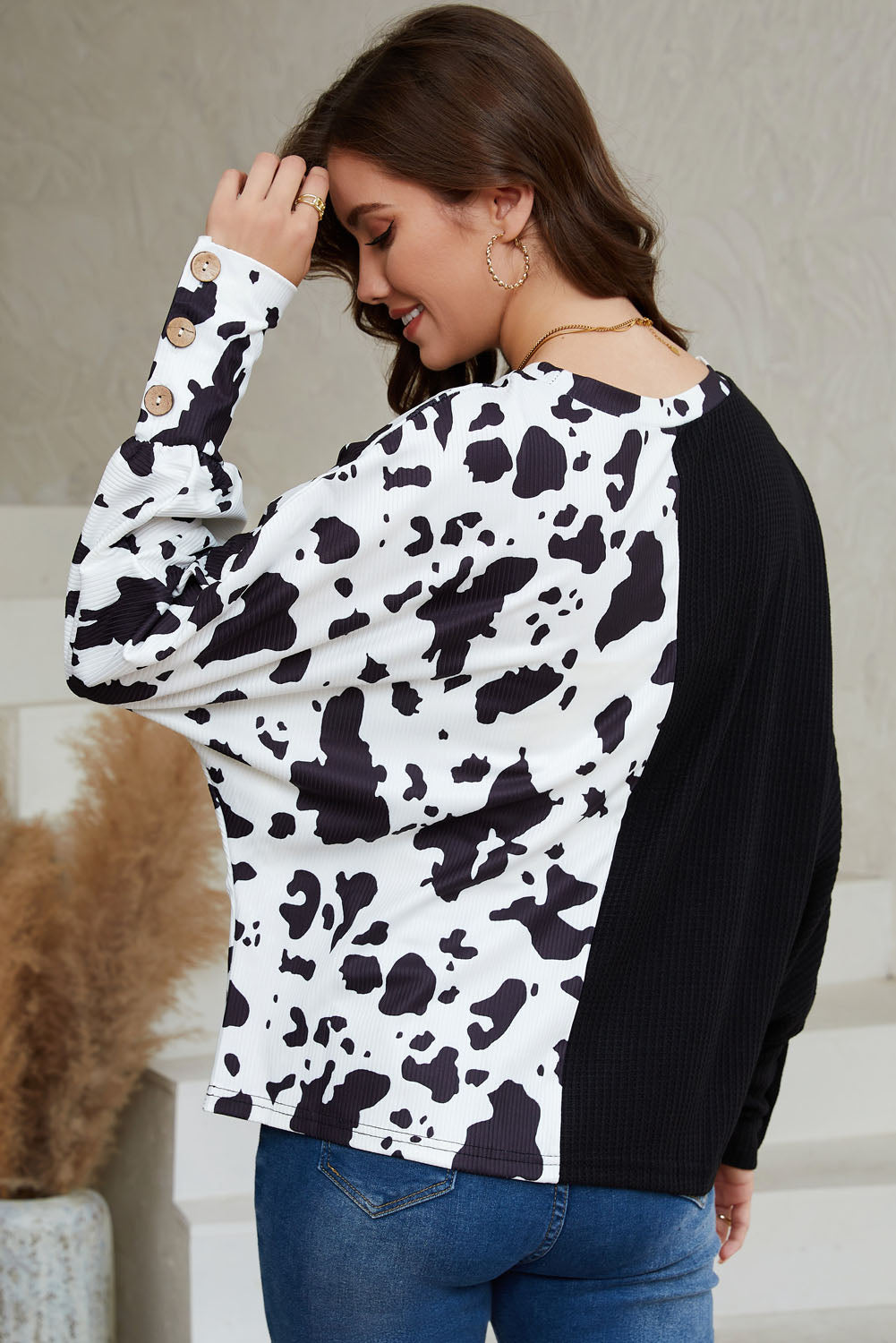 Black Cow Patchwork Waffle Knit Long Sleeve Top-yoyobikini