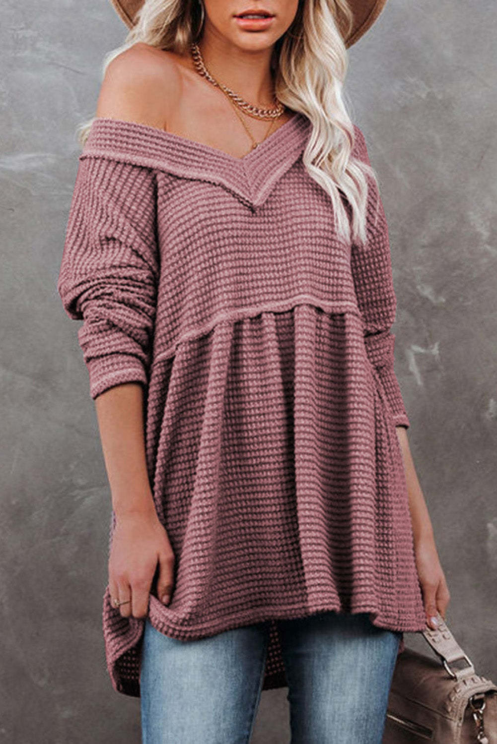 Pink Waffle Knit V Neck Long Sleeve Babydoll Top-yoyobikini