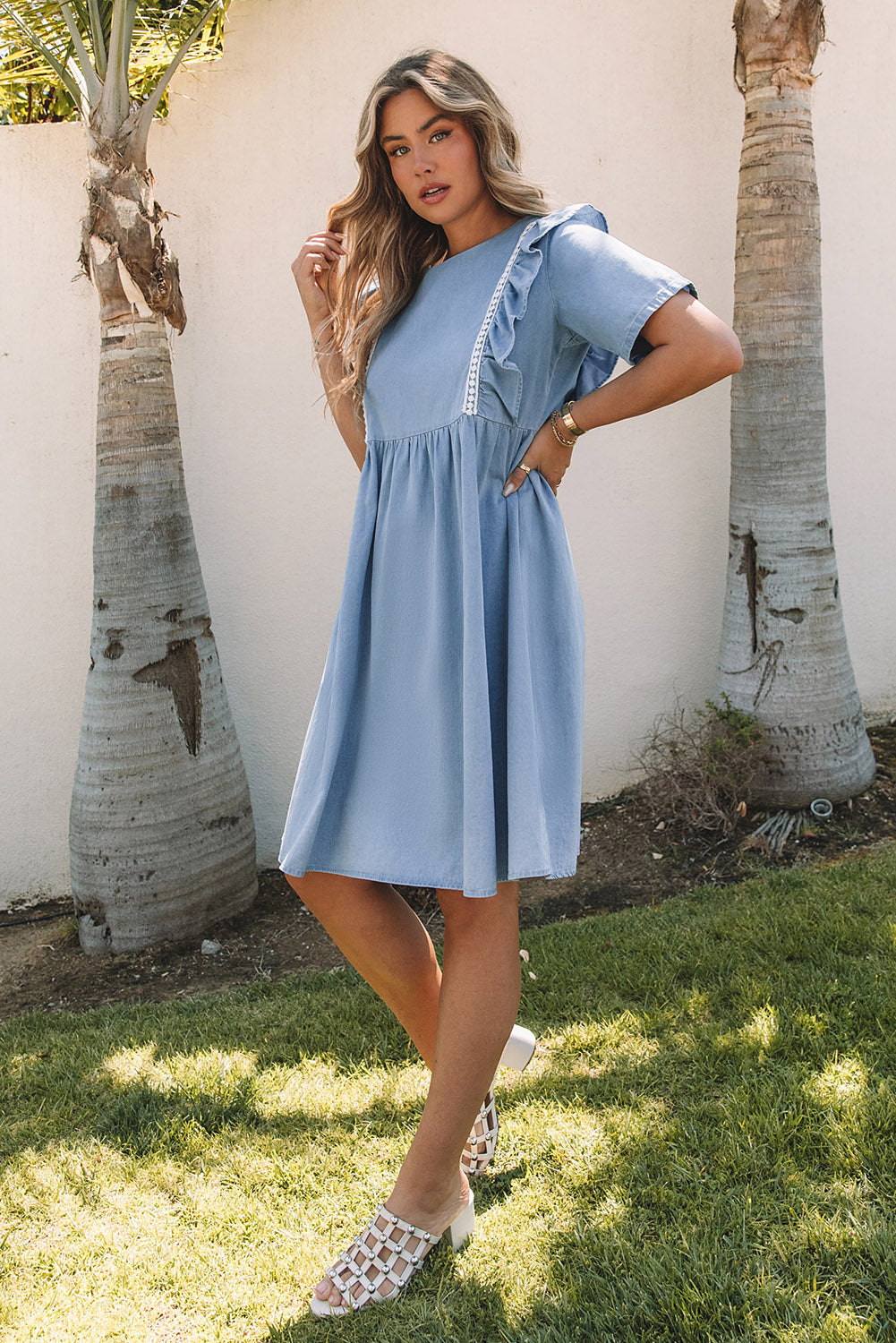 Sky Blue Ruffle Chambray Midi Dress-yoyobikini