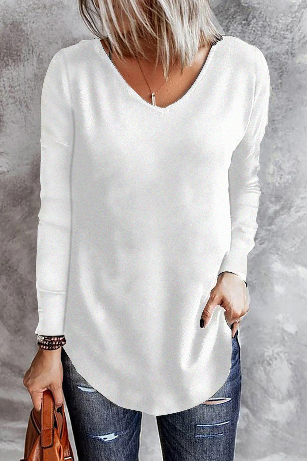 White Solid Color V Neck Long Sleeve Knit Top-yoyobikini