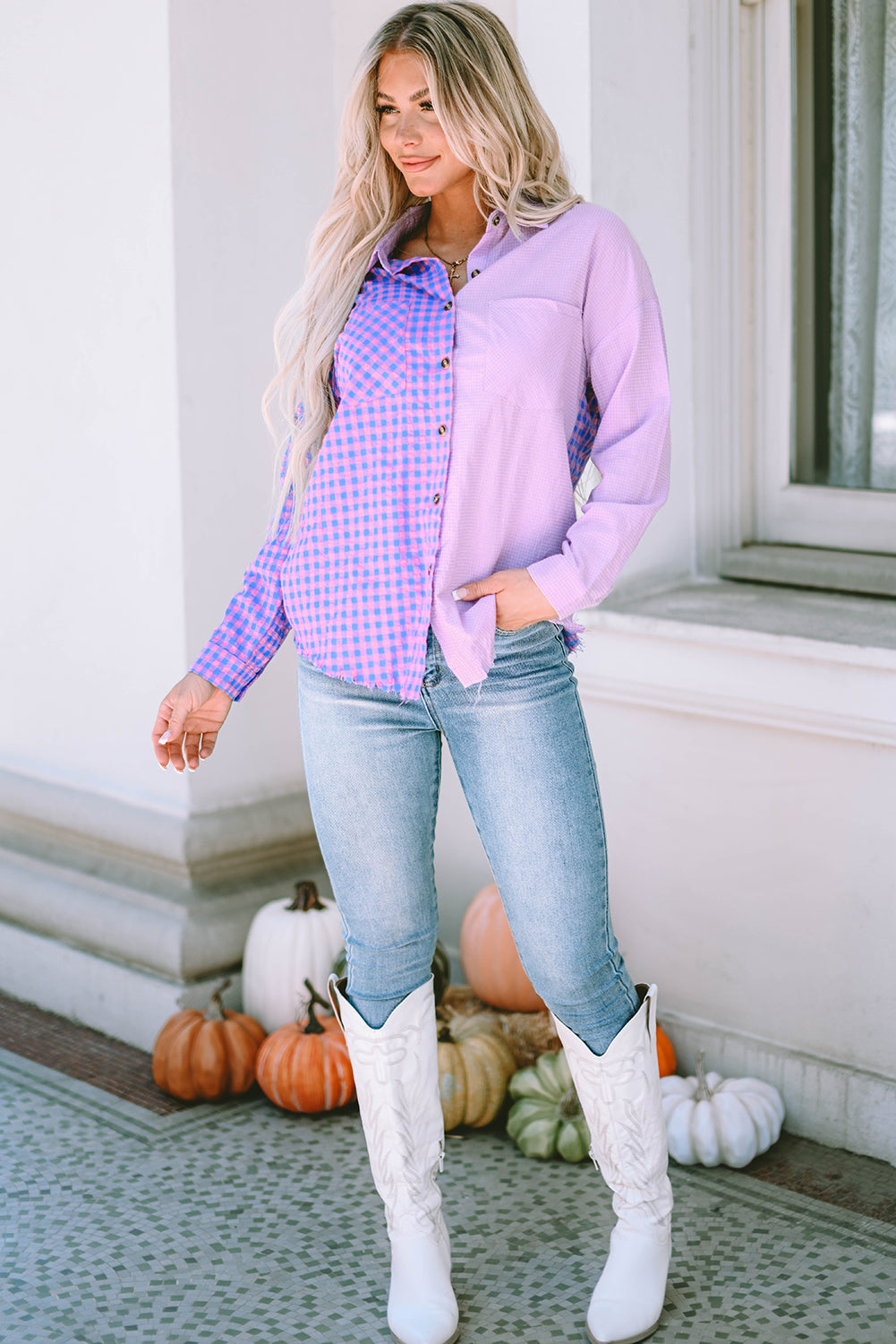 Purple Mixed Plaid Button Down Long Sleeve Chest Pocket Shirt-yoyobikini