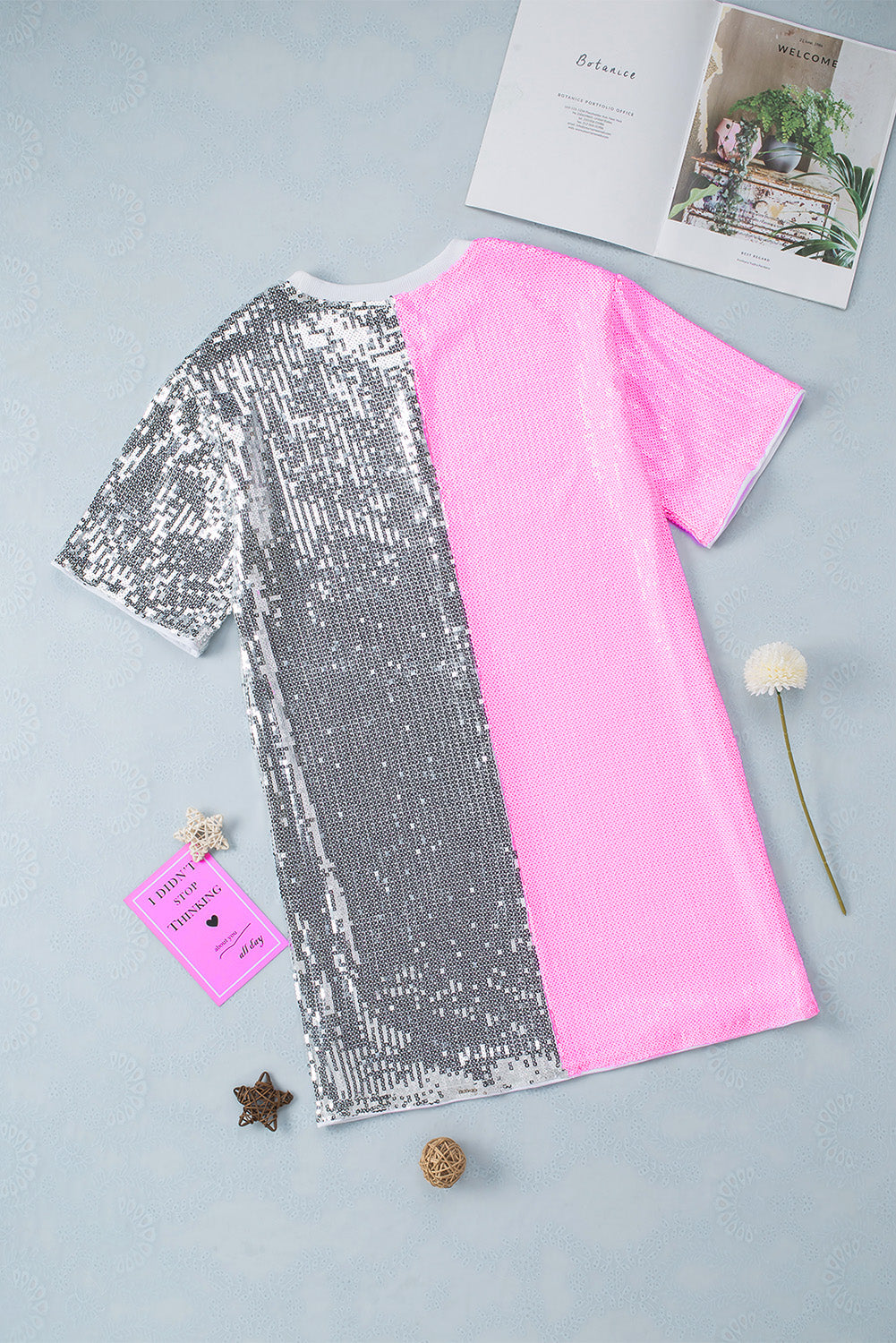 Pink Sequin Color Block Half Sleeve Shift Mini Dress-yoyobikini