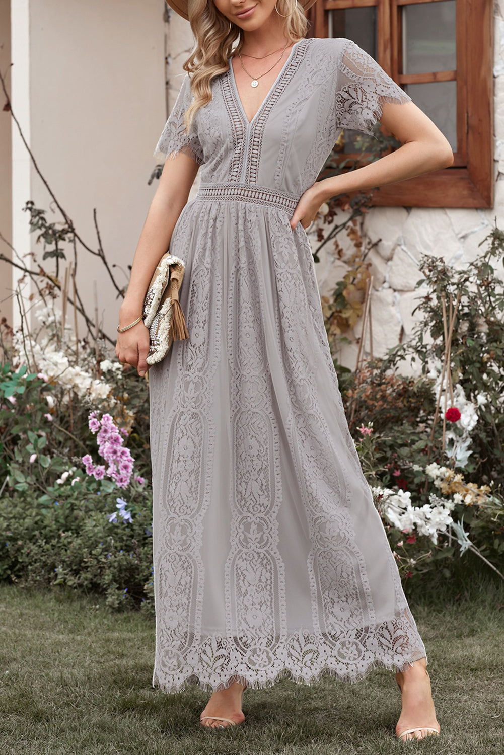 Gray Blue Fill Your Heart Lace Maxi Dress-yoyobikini