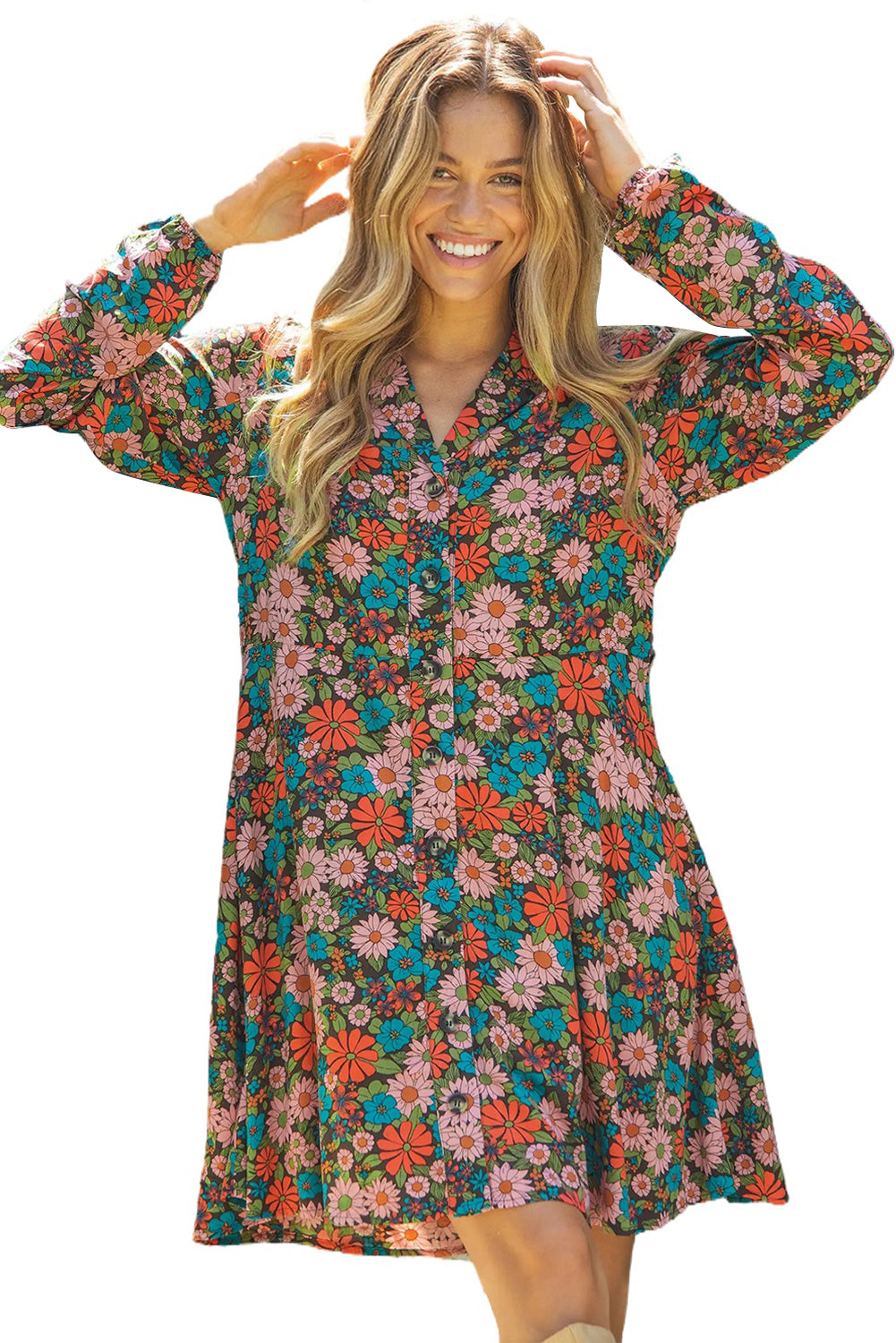 Multicolour Vibrant Floral Print Lapel Collar Button Closure Shirt Dress-yoyobikini