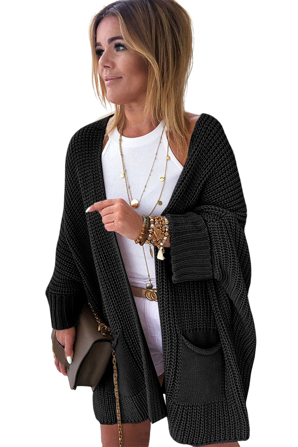 Black Oversized Fold Over Sleeve Sweater Cardigan-yoyobikini