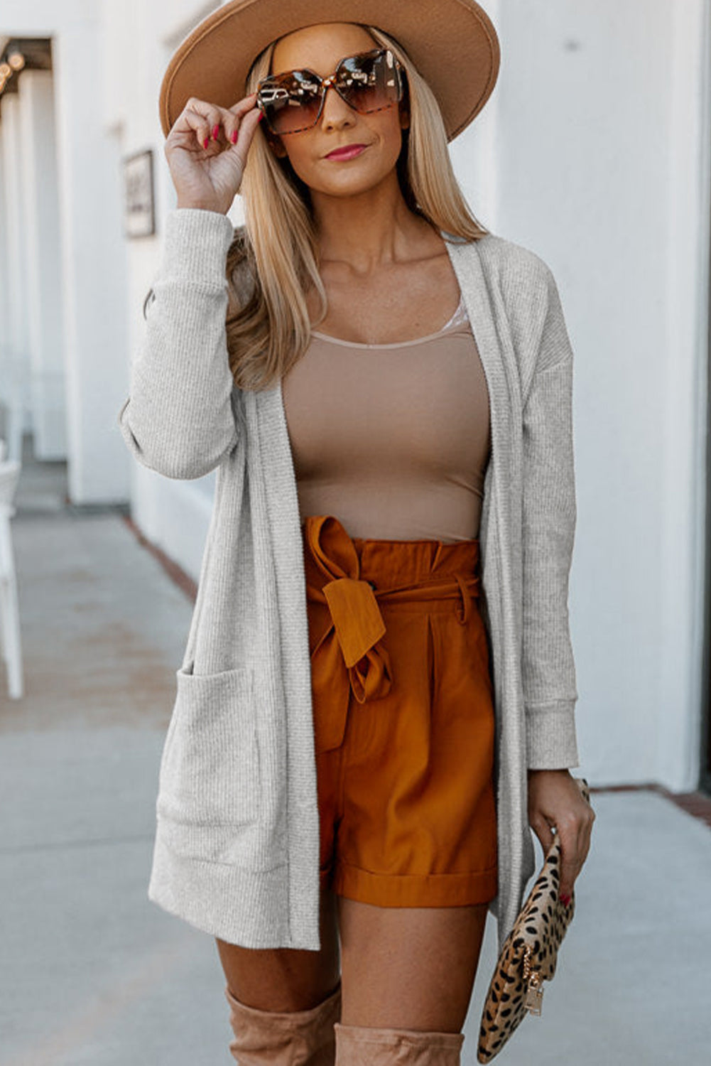 Light Gray Thermal Waffle Knit Pocketed Cardigan-yoyobikini
