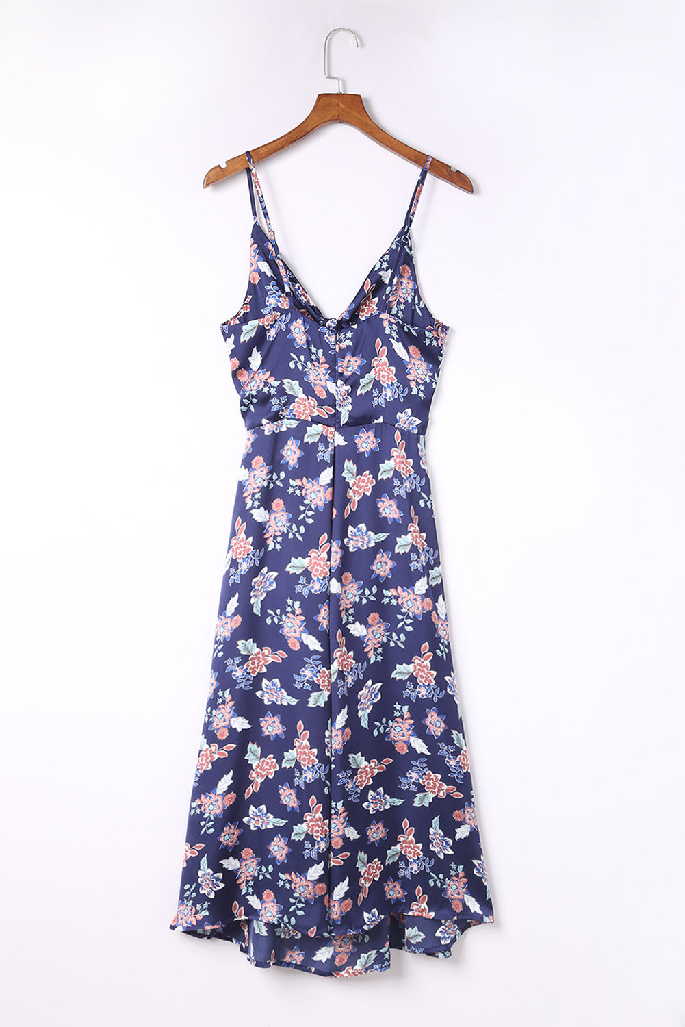 Blue Floral Print Bust Knot Long Dress with Slit-yoyobikini