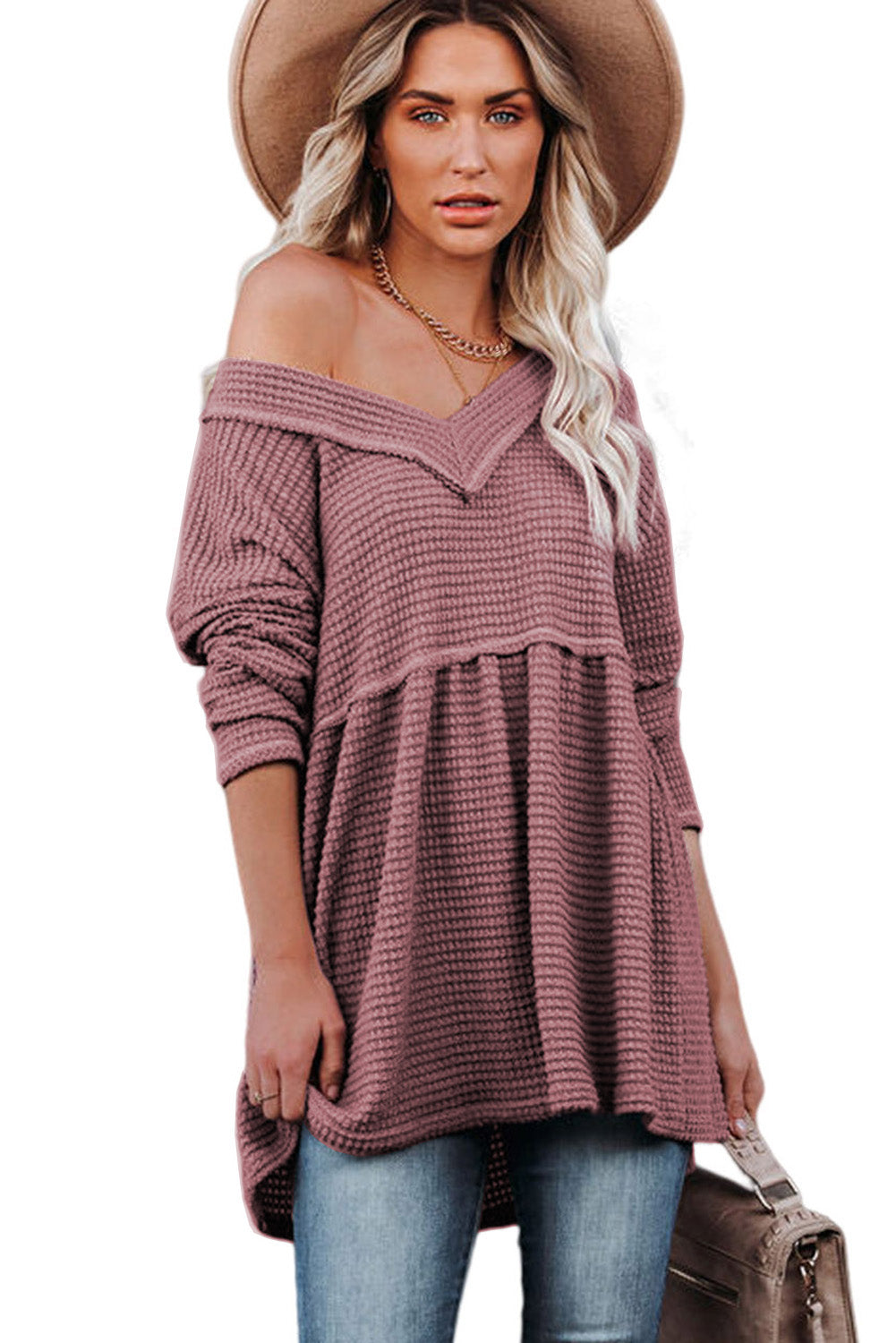 Pink Waffle Knit V Neck Long Sleeve Babydoll Top-yoyobikini