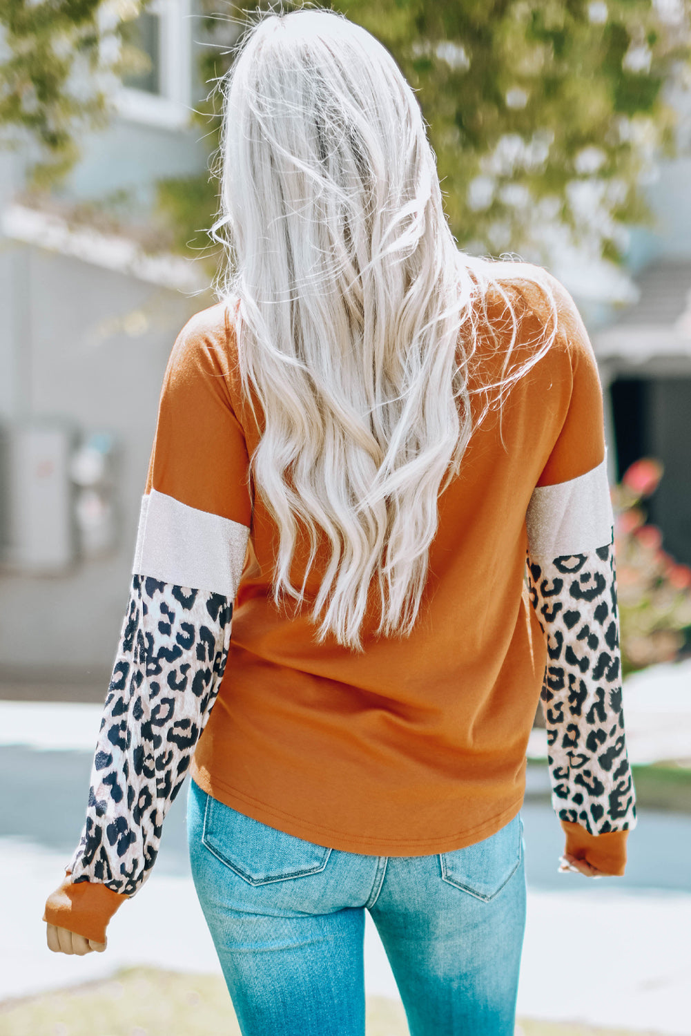 Brown Leopard Sequin Patchwork Long Sleeve Top-yoyobikini