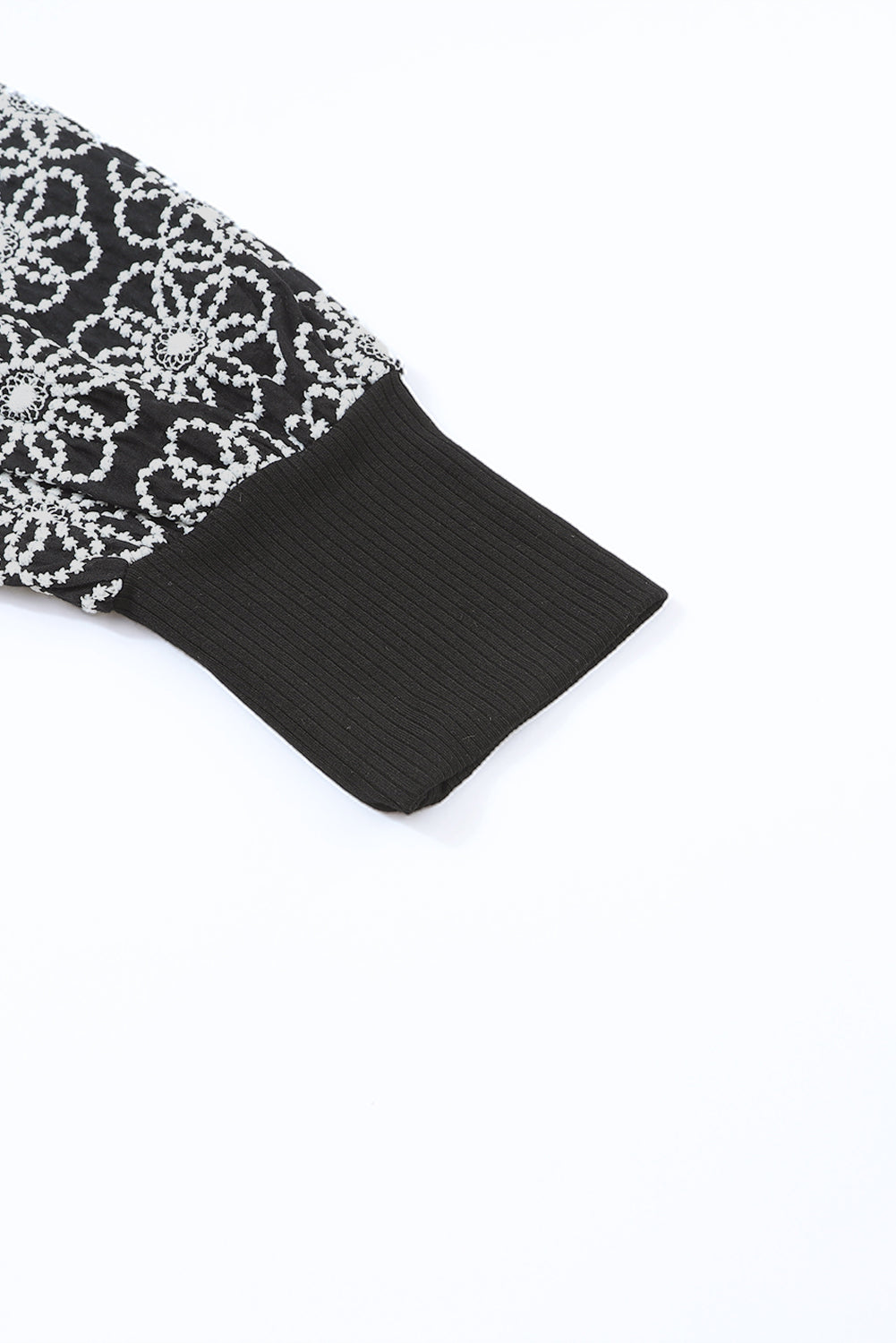 Black Flower Puff Sleeve Ribbed Knit Top-yoyobikini