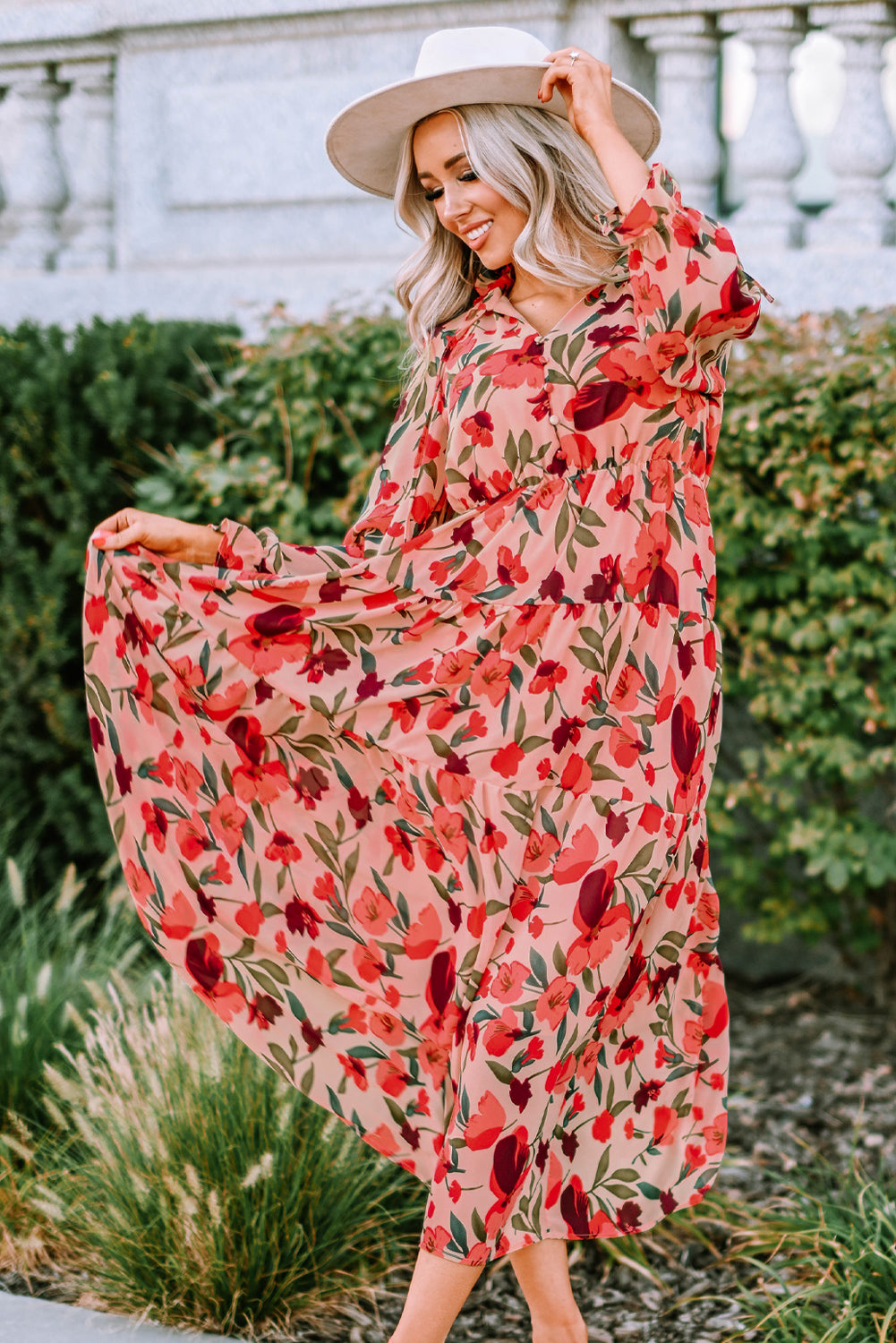 Red Frilled Collar Long Sleeve Tiered Maxi Floral Dress-yoyobikini