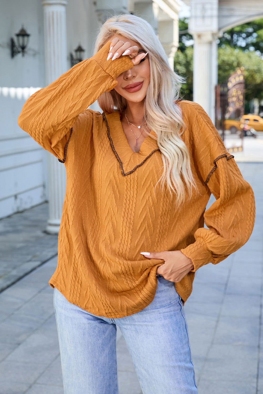Orange Textured V Neck Long Sleeve Knit Top-yoyobikini