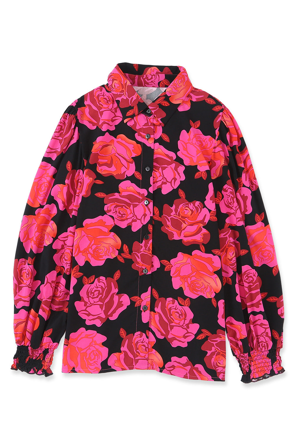 Rose Floral Shirred Cuffs Long Sleeve Shirt-yoyobikini