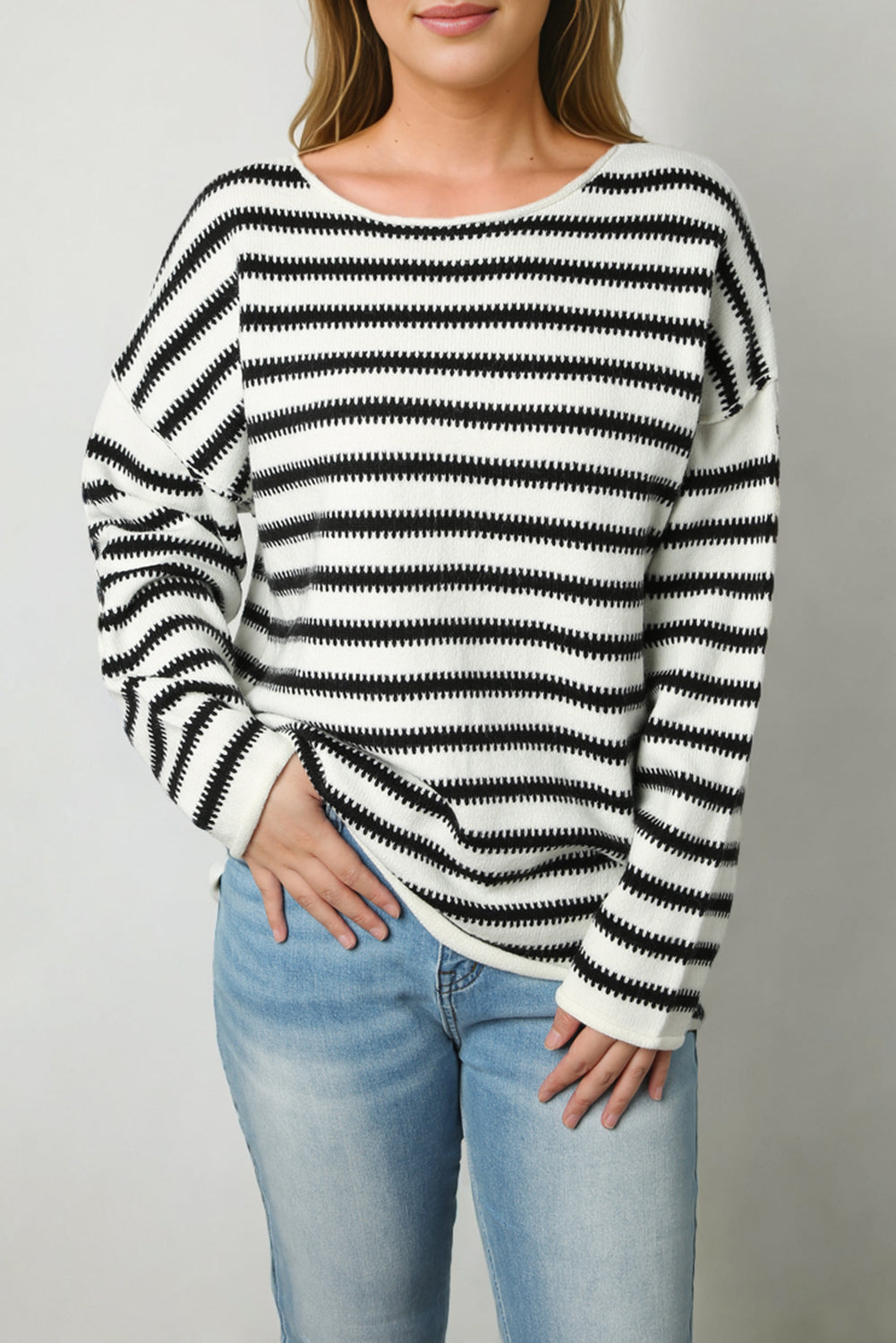 Black Striped Drop Shoulder Oversized Sweater-yoyobikini