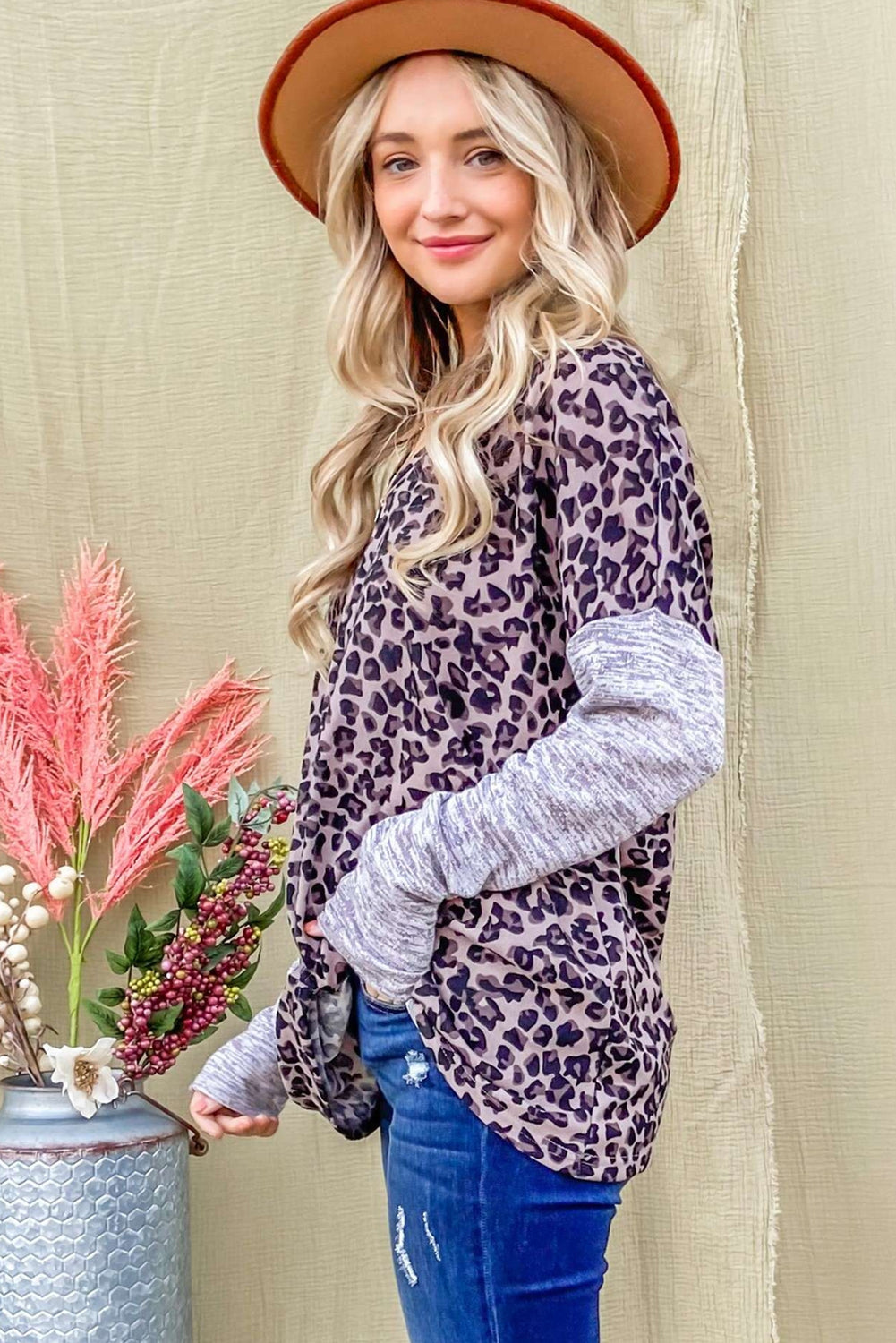 Leopard Print Drop Shoulder Patchwork Sleeve Top-yoyobikini