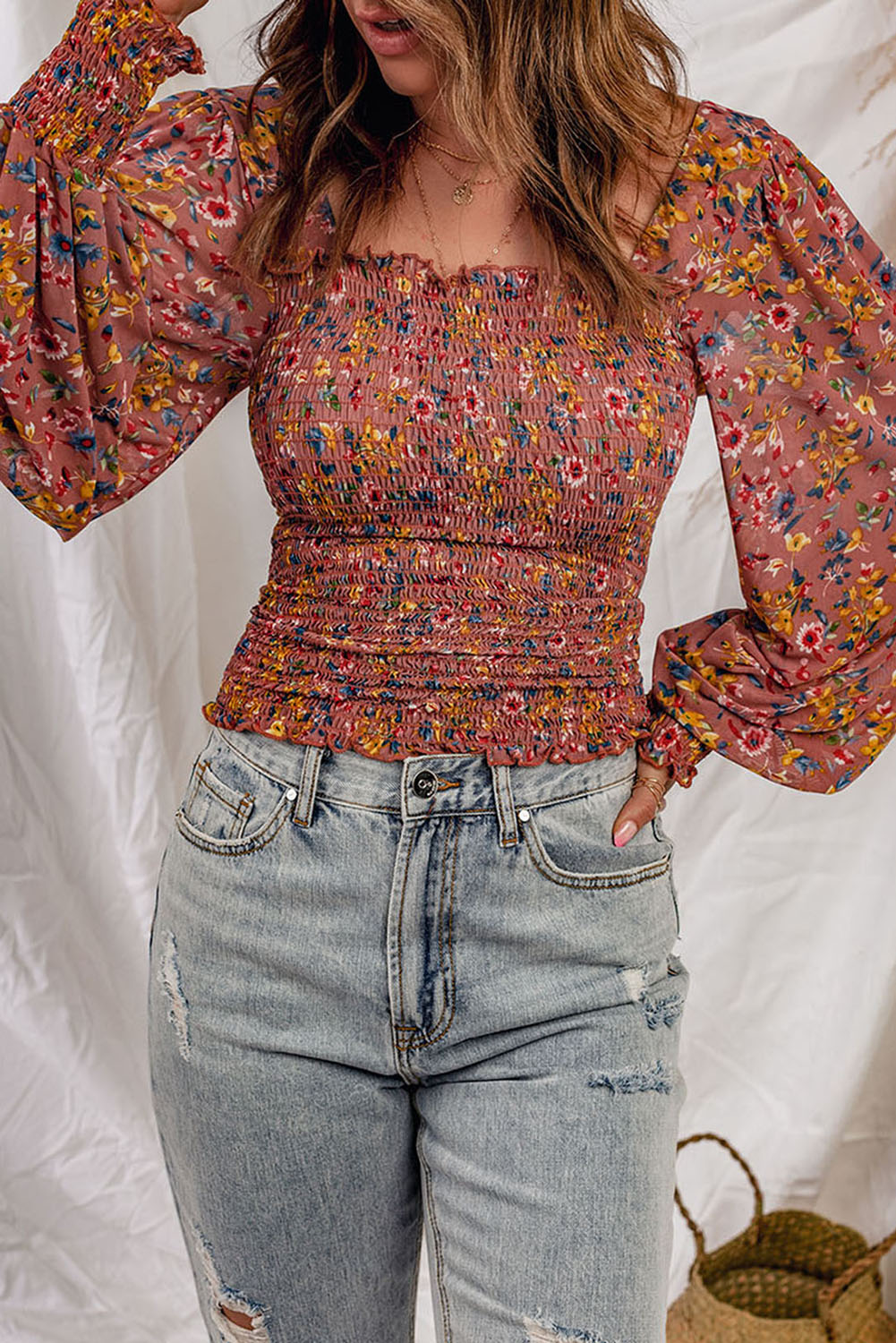 Pink Floral Print Smocked Long Sleeve Top-yoyobikini