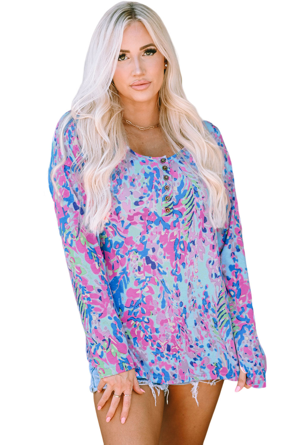 Multicolor Printed Wide Neck Thumbhole Sleeve Henley Top-yoyobikini