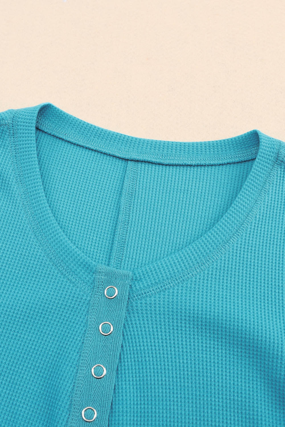Sky Blue Waffle Knit Long Sleeve Buttoned Henley Top-yoyobikini