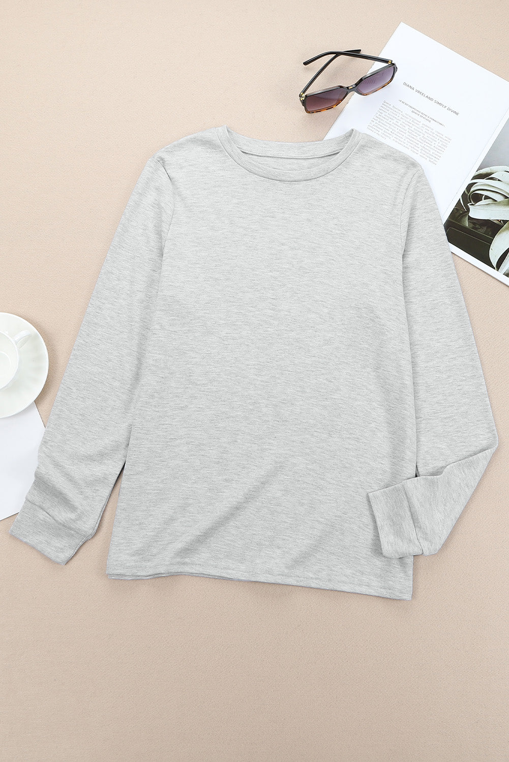 Gray Plain Crew Neck Long Sleeve Top-yoyobikini