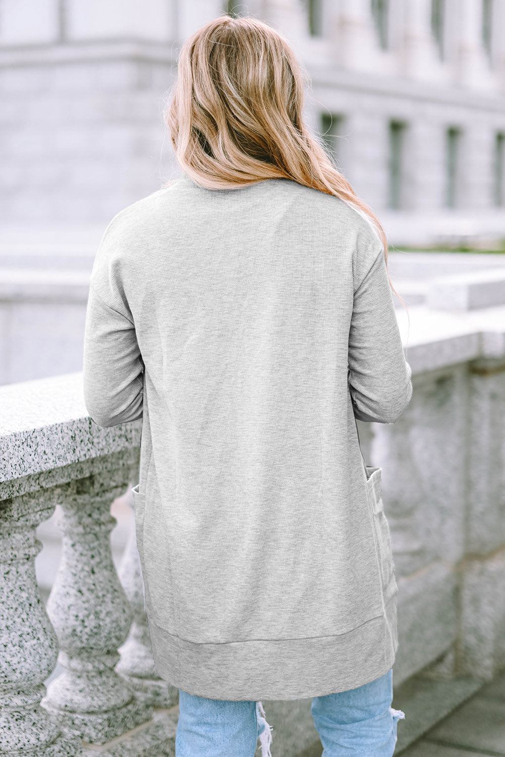 Light Gray Thermal Waffle Knit Pocketed Cardigan-yoyobikini