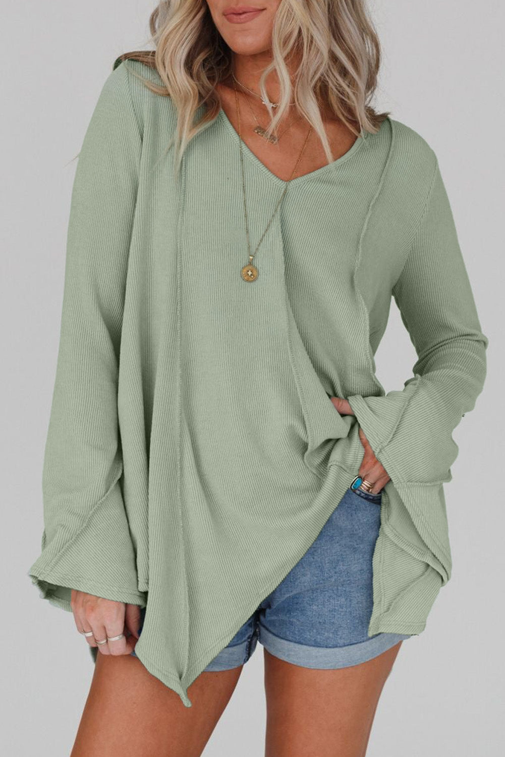 Green Ribbed Expose Seam Bell Sleeve Top-yoyobikini