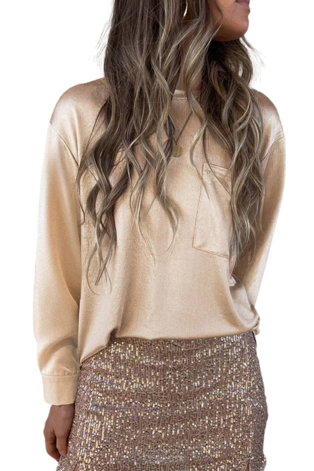 Apricot Glitter Chest Pocket Round Neck Long Sleeve Top-yoyobikini