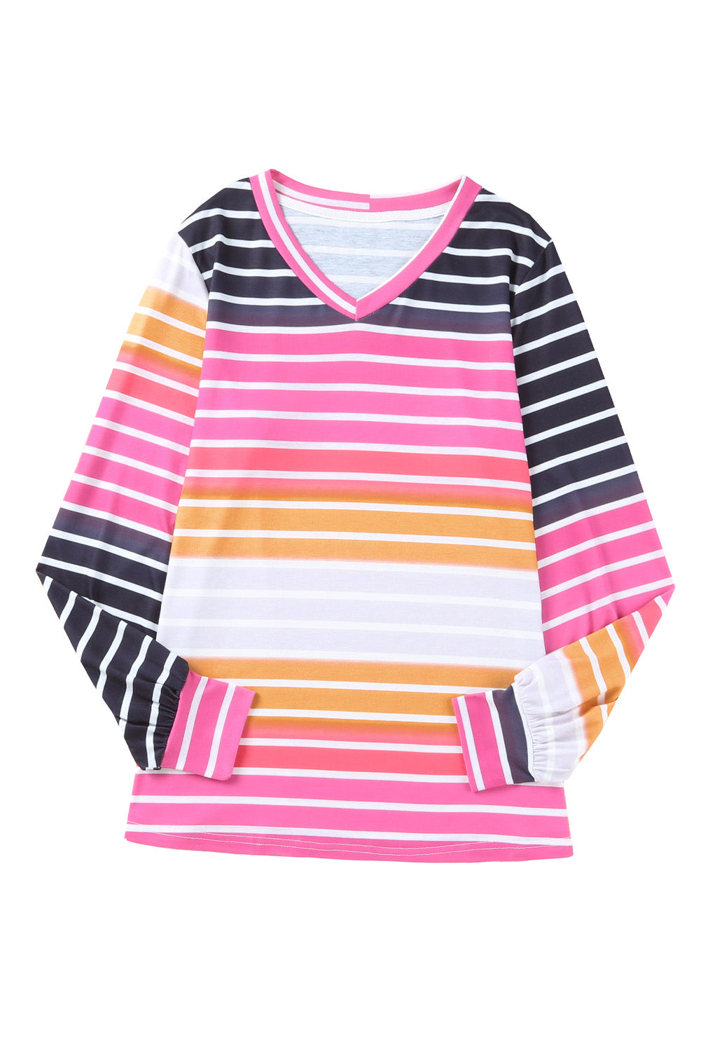 Multicolor Gradient Striped Long Sleeve V-Neck Blouse-yoyobikini