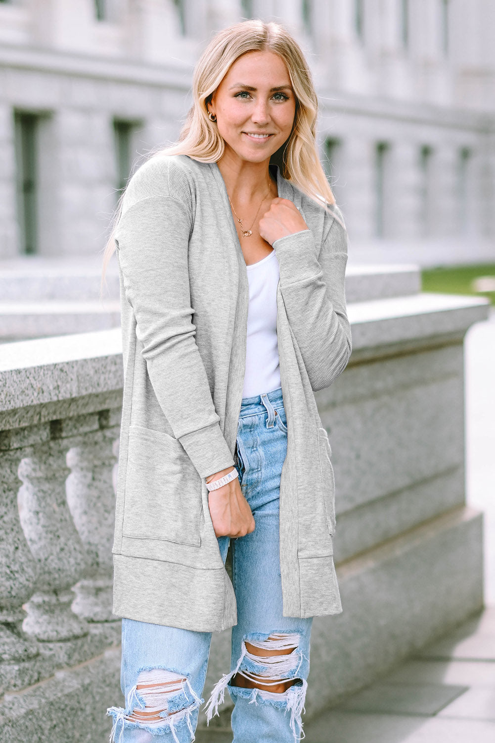 Light Gray Thermal Waffle Knit Pocketed Cardigan-yoyobikini
