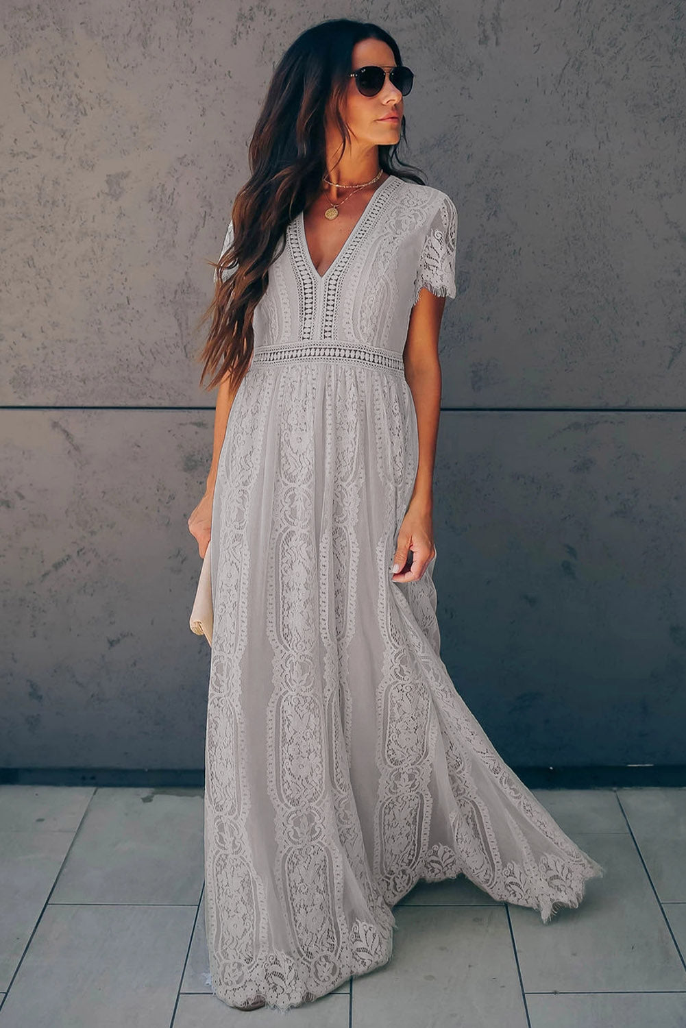 Gray Blue Fill Your Heart Lace Maxi Dress-yoyobikini