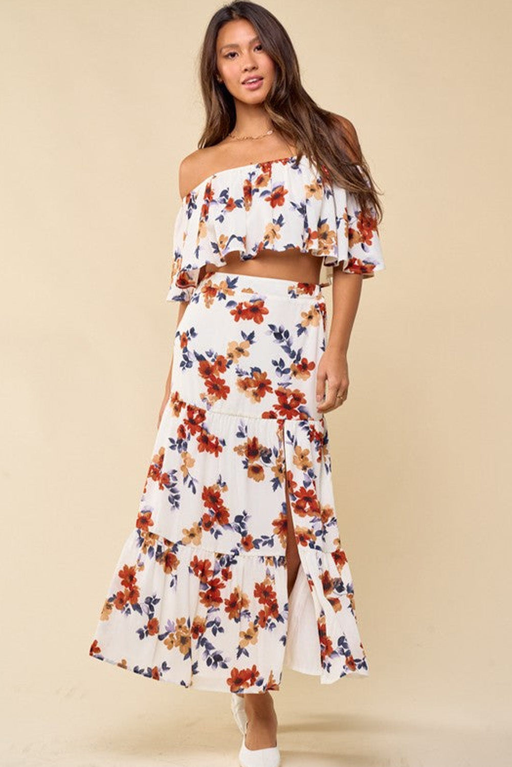 White Floral Print Off-shoulder Crop Top and Maxi Skirt Set-yoyobikini