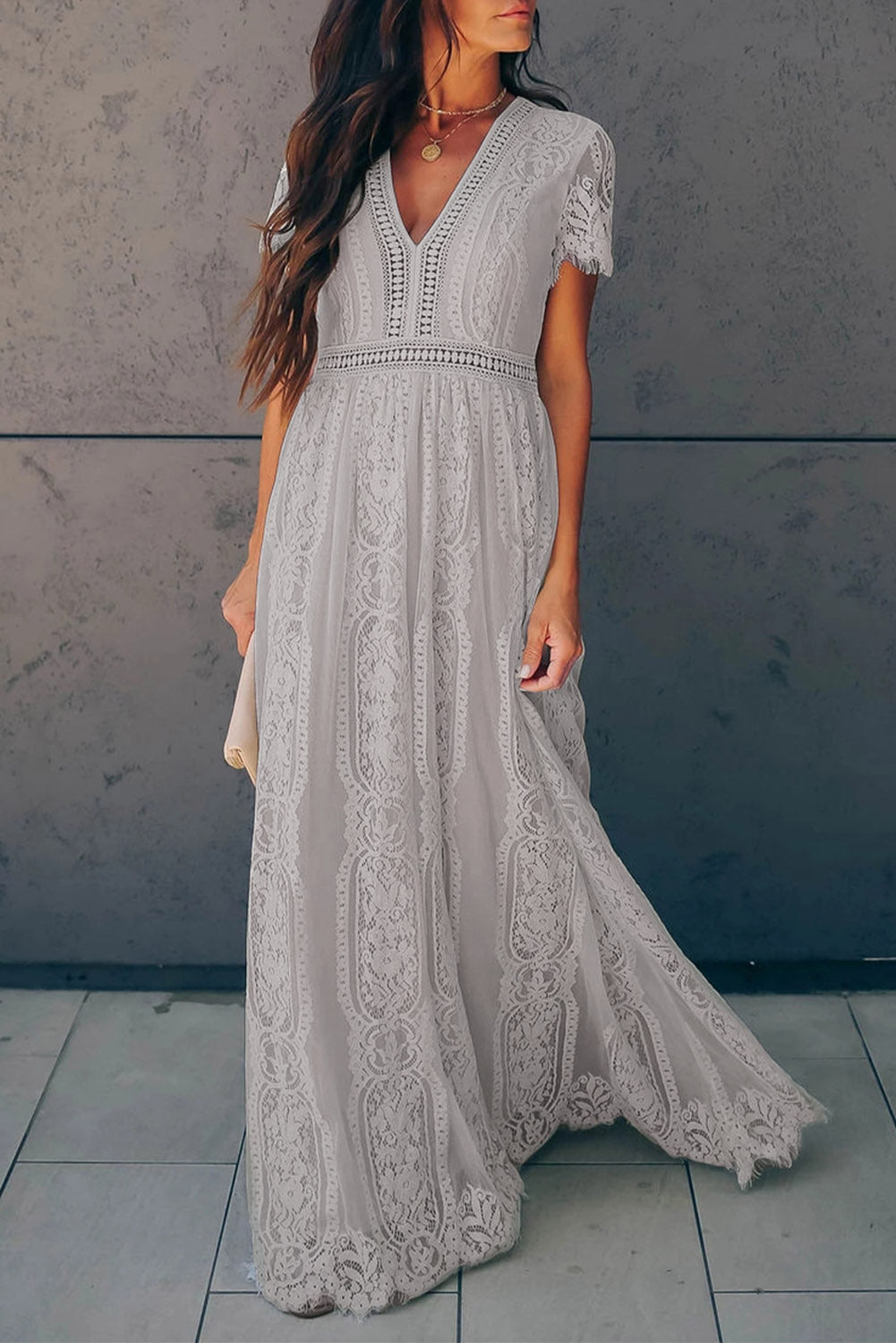 Gray Blue Fill Your Heart Lace Maxi Dress-yoyobikini
