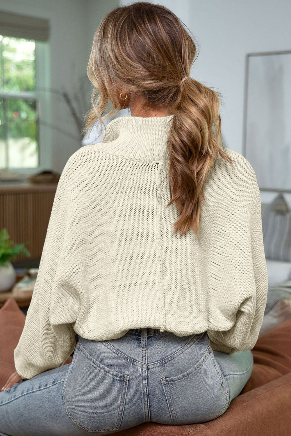 Beige Pearl Button Stand Collar Dolman Sleeve Sweater-yoyobikini