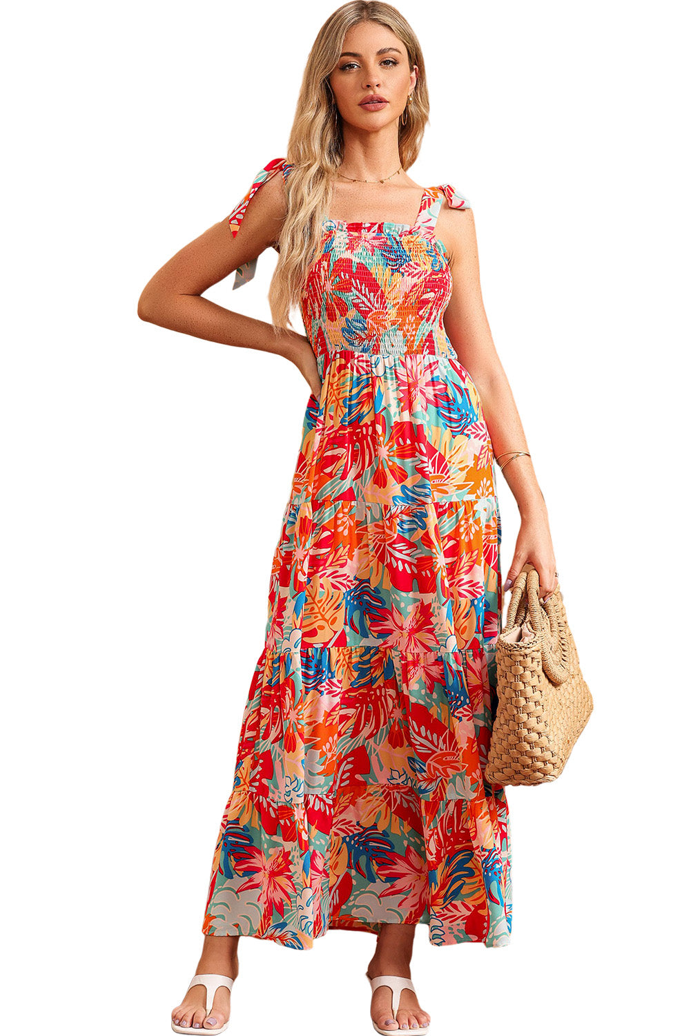 Multicolor Vibrant Tropical Print Smocked Ruffle Tiered Maxi Dress-yoyobikini